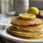 ['A close-up view of a stack of gluten-free lemon ricotta pancakes, highlighted with a syrup drizzle.', 'Side view of golden lemon ricotta pancakes topped with a citrus garnish, showcasing their fluffy texture.', 'A plate of gluten-free pancakes with a slice of lemon and syrup, emphasizing their moist appearance.', 'Close-up of vibrant lemon ricotta pancakes, featuring a light golden color and a hint of zest on top.']