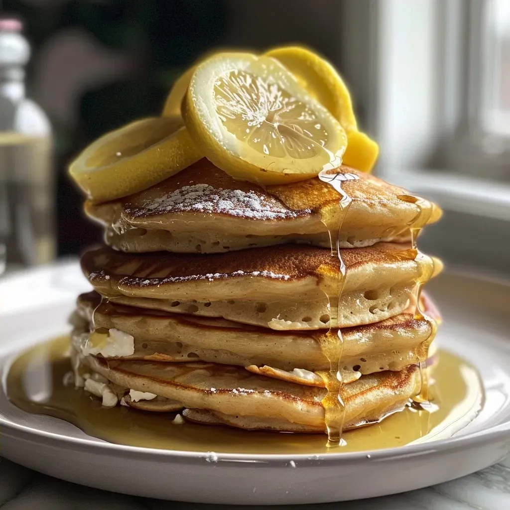 ['A close-up view of a stack of gluten-free lemon ricotta pancakes, highlighted with a syrup drizzle.', 'Side view of golden lemon ricotta pancakes topped with a citrus garnish, showcasing their fluffy texture.', 'A plate of gluten-free pancakes with a slice of lemon and syrup, emphasizing their moist appearance.', 'Close-up of vibrant lemon ricotta pancakes, featuring a light golden color and a hint of zest on top.']