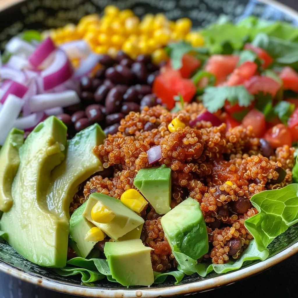 ['Close-up of a gluten-free loaded quinoa taco salad with vibrant ingredients.', 'Side view of a colorful quinoa taco salad featuring fresh vegetables and garnishes.', 'Juicy quinoa taco salad displayed with a variety of toppings and textures.', 'Detailed shot of a nutritious quinoa taco salad loaded with beans and avocado.']
