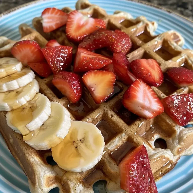['Close-up side view of gluten-free waffles topped with sliced strawberries and banana.', 'Juicy, golden-brown waffles with a sprinkle of cinnamon and fresh fruit.', 'Gluten-free waffles featuring diced strawberries and banana in a side view.', 'Mouthwatering waffles with a texture of oats and fresh fruit garnish.']
