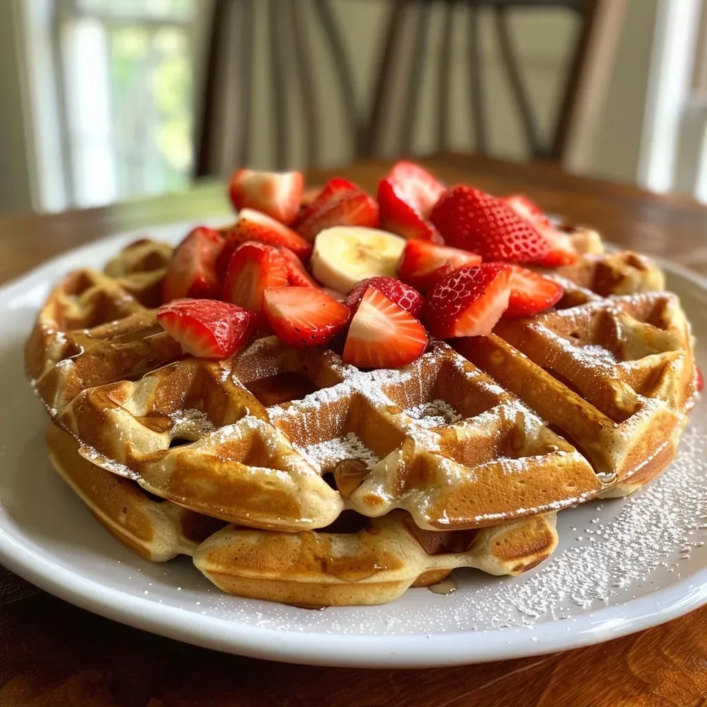 ['Close-up side view of gluten-free waffles topped with sliced strawberries and banana.', 'Juicy, golden-brown waffles with a sprinkle of cinnamon and fresh fruit.', 'Gluten-free waffles featuring diced strawberries and banana in a side view.', 'Mouthwatering waffles with a texture of oats and fresh fruit garnish.']