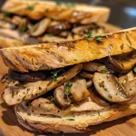 ['Close-up view of a gourmet chicken and mushroom sandwich with visible layers.', 'Side view of a delicious sandwich filled with grilled chicken and portobello mushrooms.', 'Juicy gourmet sandwich showcasing sliced chicken and sautéed mushrooms on toasted bread.', 'Appetizing profile of a chicken and mushroom sandwich highlighting fresh ingredients.']