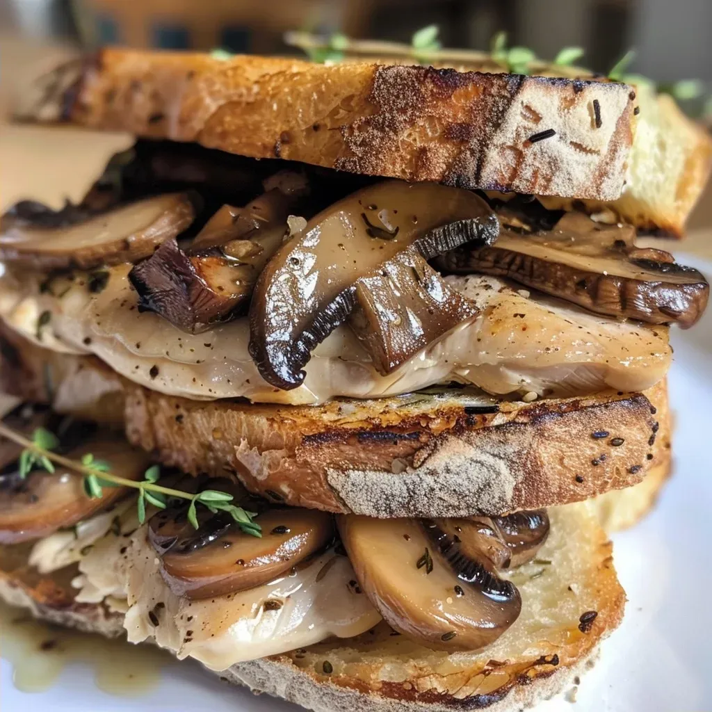 ['Close-up view of a gourmet chicken and mushroom sandwich with visible layers.', 'Side view of a delicious sandwich filled with grilled chicken and portobello mushrooms.', 'Juicy gourmet sandwich showcasing sliced chicken and sautéed mushrooms on toasted bread.', 'Appetizing profile of a chicken and mushroom sandwich highlighting fresh ingredients.']