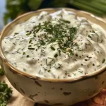 ['Close-up side view of creamy Greek yogurt ranch dip in a bowl.', 'A vibrant Greek yogurt ranch dressing with herbs in a white dish.', 'Thick Greek yogurt ranch dip garnished with parsley and chives.', 'Rich, creamy Greek yogurt ranch in a bowl, ready for dipping.']