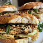 ['Close-up of a grilled chicken and apple sandwich on a wooden surface.', 'Side view of a juicy grilled chicken sandwich with apple slices and sage pesto.', 'Delicious grilled chicken and apple sandwich with green sage pesto, served on a plate.', 'Freshly made grilled chicken and apple sandwich, showcasing the ingredients and texture.']