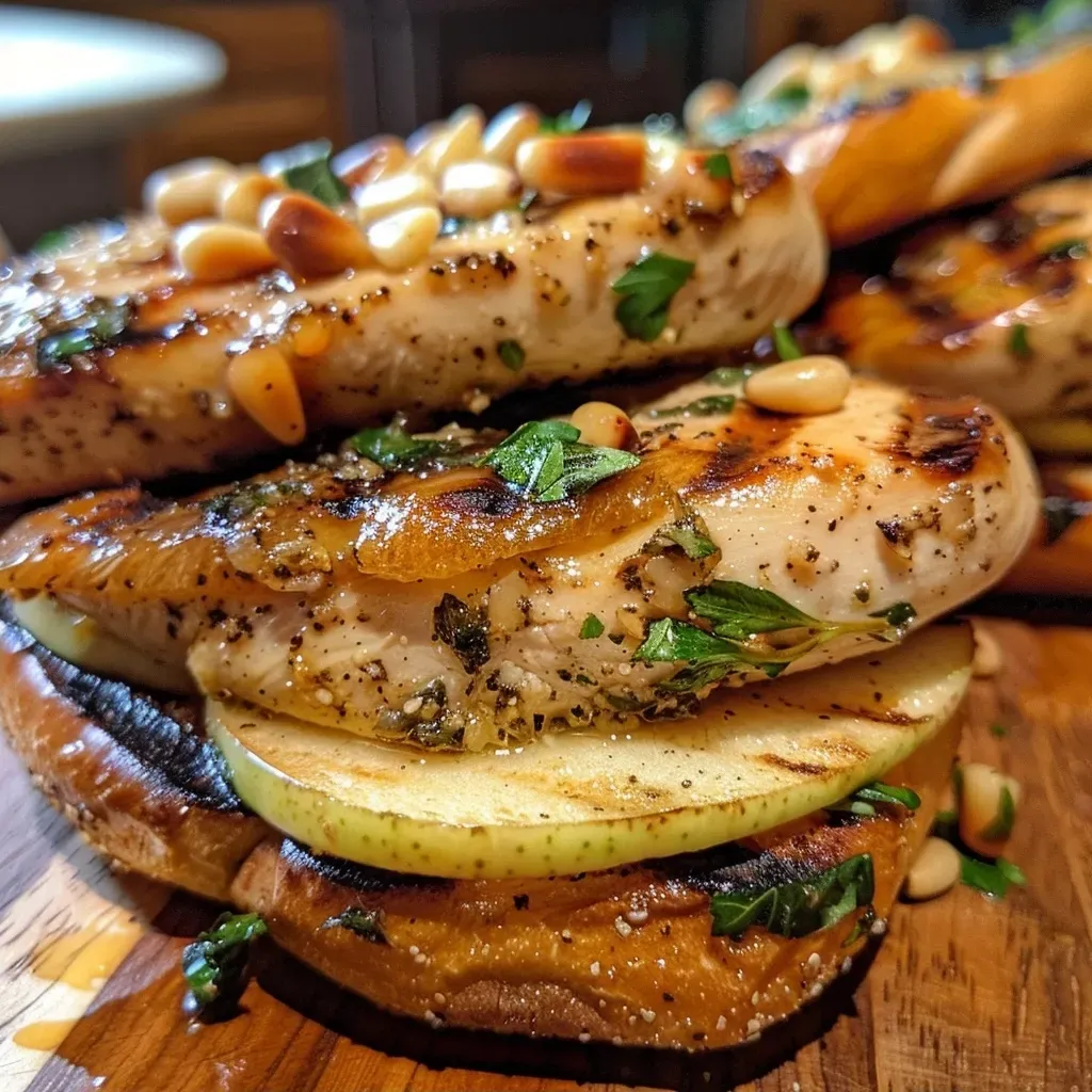 ['Close-up of a grilled chicken and apple sandwich on a wooden surface.', 'Side view of a juicy grilled chicken sandwich with apple slices and sage pesto.', 'Delicious grilled chicken and apple sandwich with green sage pesto, served on a plate.', 'Freshly made grilled chicken and apple sandwich, showcasing the ingredients and texture.']