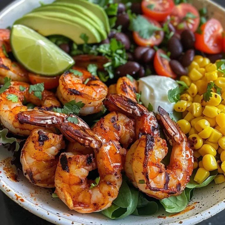['Close-up of a grilled shrimp bowl with fire-roasted corn and creamy lime crema.', 'Juicy grilled shrimp served on a bed of rice with mixed greens and vibrant toppings.', 'A colorful shrimp bowl featuring avocado, cherry tomatoes, and black beans.', 'Side view of a delicious grilled shrimp bowl garnished with lime crema.']