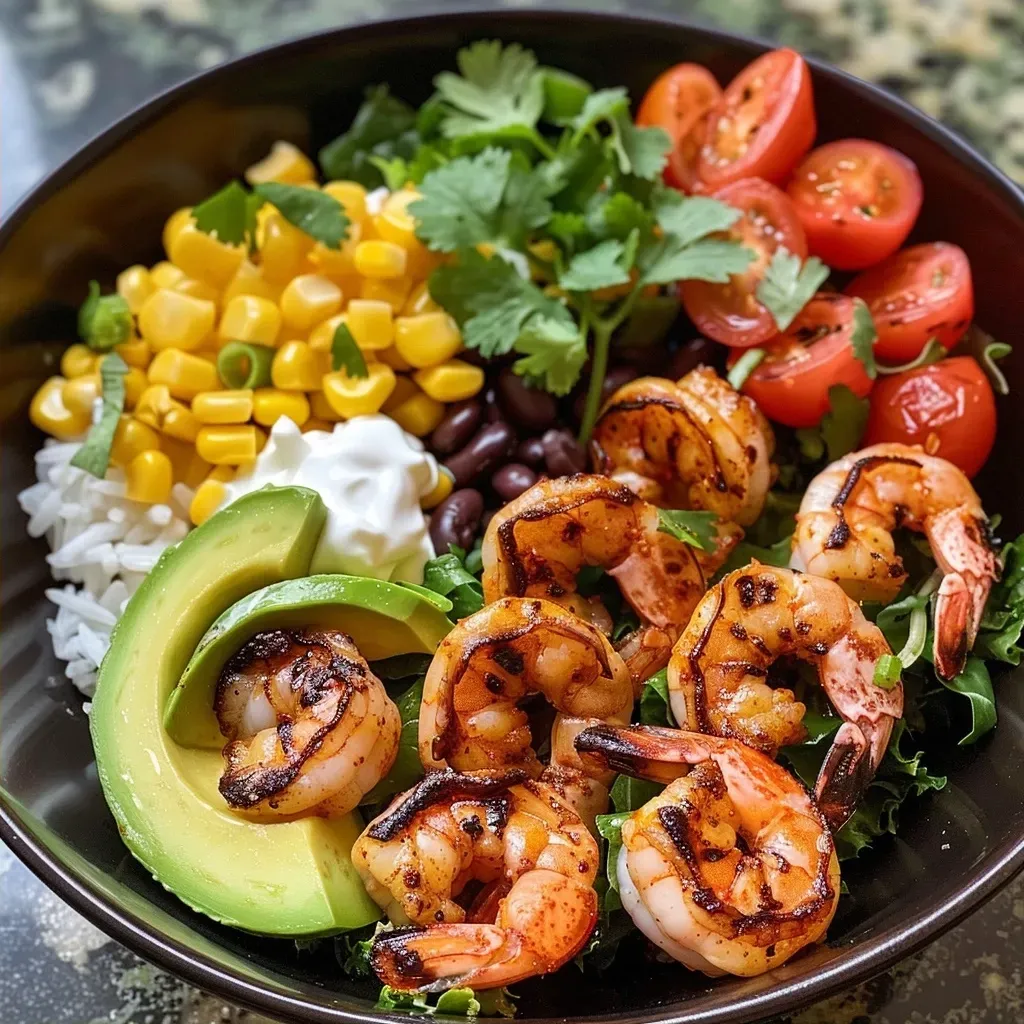['Close-up of a grilled shrimp bowl with fire-roasted corn and creamy lime crema.', 'Juicy grilled shrimp served on a bed of rice with mixed greens and vibrant toppings.', 'A colorful shrimp bowl featuring avocado, cherry tomatoes, and black beans.', 'Side view of a delicious grilled shrimp bowl garnished with lime crema.']