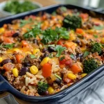 ['Close-up view of a savory ground beef and rice casserole topped with melted cheddar cheese and fresh parsley.', 'Juicy ground beef and rice casserole served in a white dish, showcasing vibrant veggies and a cheesy topping.', 'A delicious layered casserole featuring ground beef, rice, and colorful vegetables, presented in a casual dining setting.', 'Side view of a hearty ground beef and rice casserole, with visible chunks of meat, rice, and greens.']