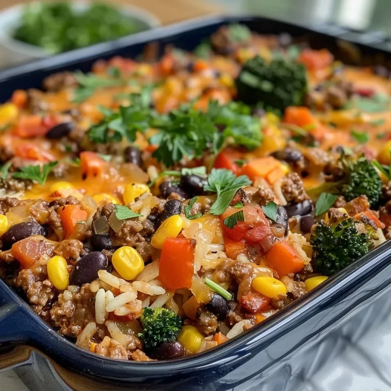 ['Close-up view of a savory ground beef and rice casserole topped with melted cheddar cheese and fresh parsley.', 'Juicy ground beef and rice casserole served in a white dish, showcasing vibrant veggies and a cheesy topping.', 'A delicious layered casserole featuring ground beef, rice, and colorful vegetables, presented in a casual dining setting.', 'Side view of a hearty ground beef and rice casserole, with visible chunks of meat, rice, and greens.']