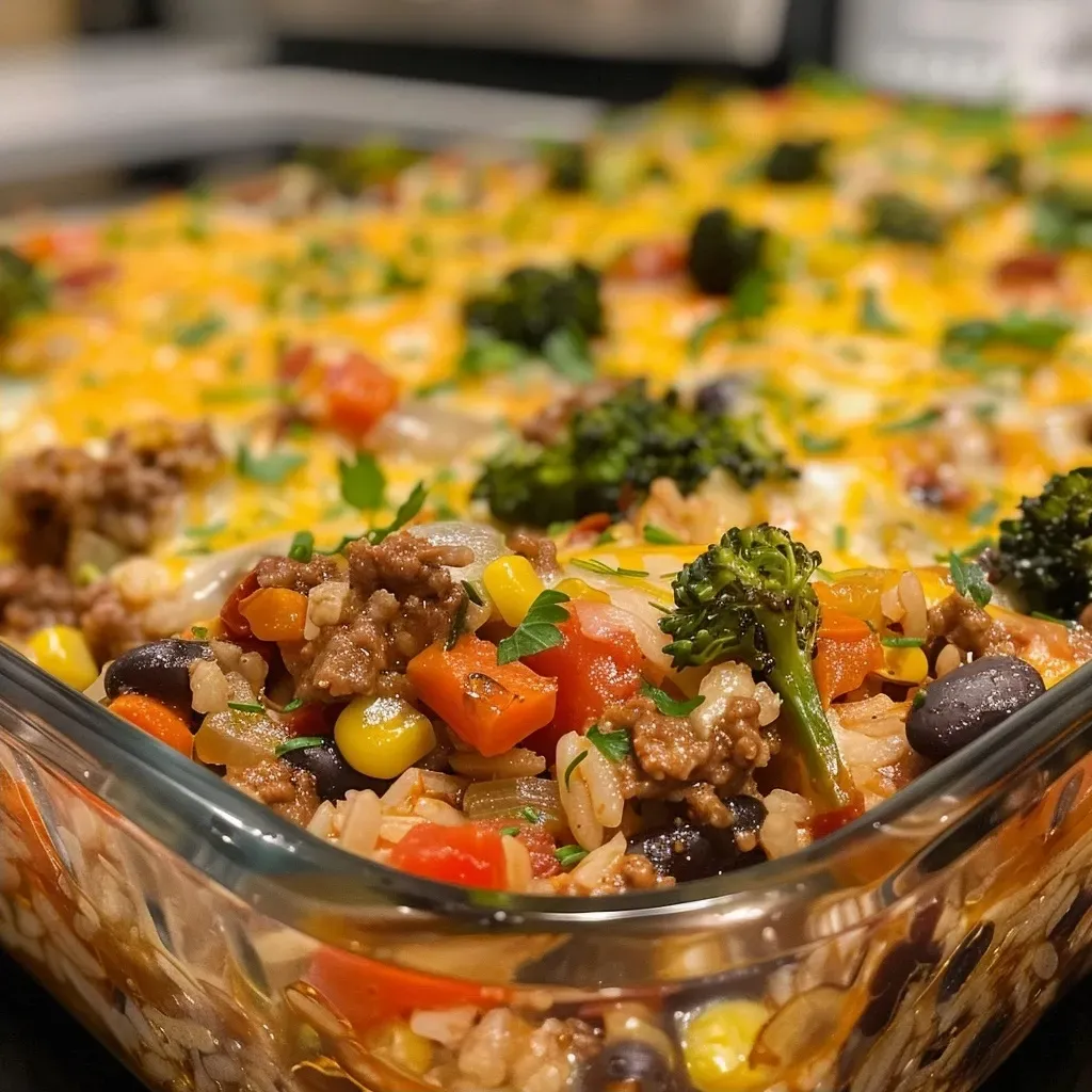['Close-up view of a savory ground beef and rice casserole topped with melted cheddar cheese and fresh parsley.', 'Juicy ground beef and rice casserole served in a white dish, showcasing vibrant veggies and a cheesy topping.', 'A delicious layered casserole featuring ground beef, rice, and colorful vegetables, presented in a casual dining setting.', 'Side view of a hearty ground beef and rice casserole, with visible chunks of meat, rice, and greens.']