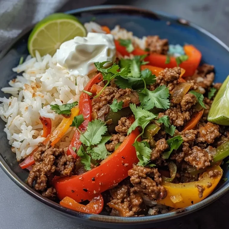 ['A close-up side view of a vibrant ground beef fajita bowl featuring colorful bell peppers, onions, and rice.', 'A delicious ground beef fajita bowl with diced vegetables, cilantro, and a lime wedge, presented elegantly.', 'Juicy ground beef fajita bowl filled with sliced bell peppers, onions, and topped with sour cream and cilantro.', 'A colorful and appetizing ground beef fajita bowl showcasing fresh ingredients and garnishes.']