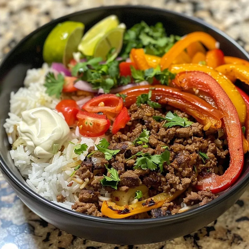 ['A close-up side view of a vibrant ground beef fajita bowl featuring colorful bell peppers, onions, and rice.', 'A delicious ground beef fajita bowl with diced vegetables, cilantro, and a lime wedge, presented elegantly.', 'Juicy ground beef fajita bowl filled with sliced bell peppers, onions, and topped with sour cream and cilantro.', 'A colorful and appetizing ground beef fajita bowl showcasing fresh ingredients and garnishes.']