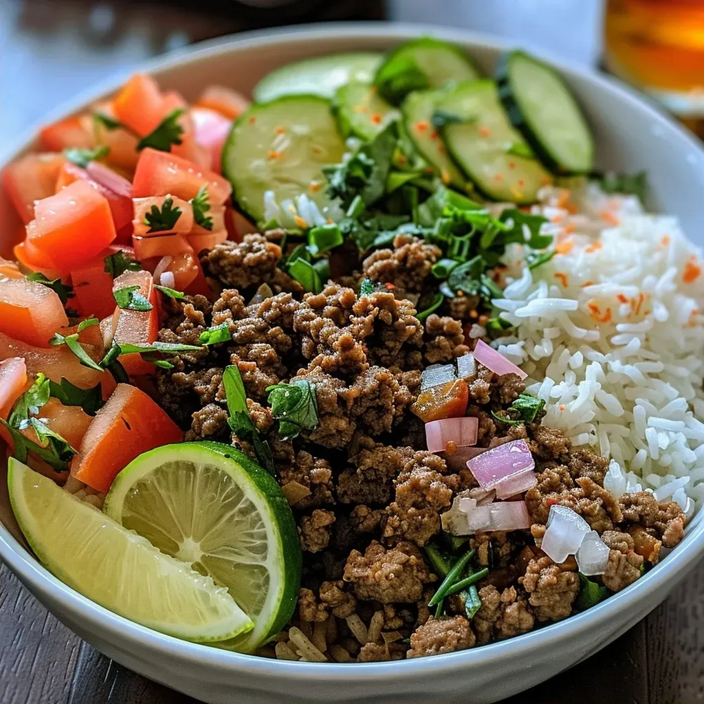 ['A close-up side view of ground beef shawarma rice with vibrant toppings.', 'Juicy ground beef shawarma served over rice, garnished with fresh vegetables.', 'A detailed shot showcasing ground beef shawarma rice with cucumber, tomatoes, and onion.', 'A colorful plate of ground beef shawarma rice, featuring sliced vegetables and aromatic spices.']
