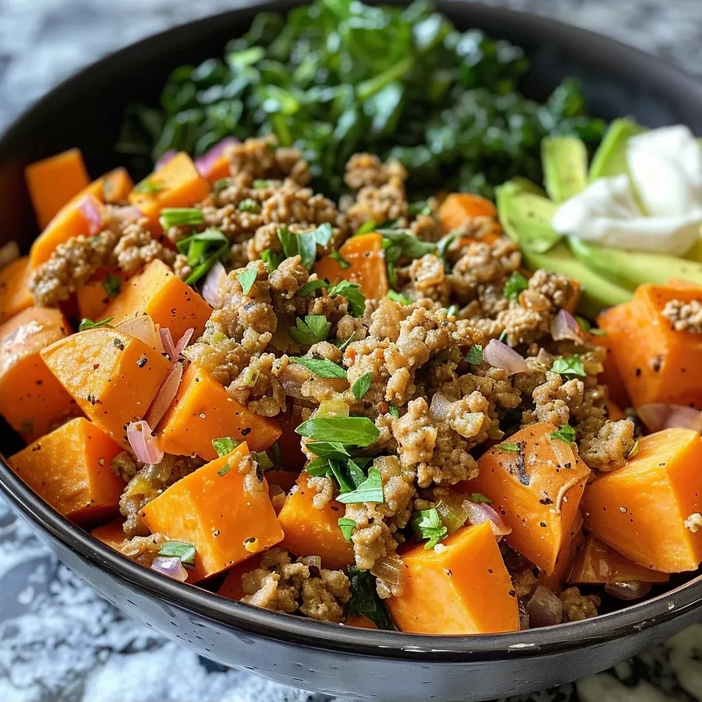 ['A close-up view of a ground turkey sweet potato bowl with vibrant colors.', 'A hearty bowl filled with seasoned ground turkey, diced sweet potatoes, and fresh greens.', 'A side view of a delicious ground turkey and sweet potato dish garnished with avocado.', 'An appetizing ground turkey sweet potato bowl with a mix of ingredients ready to enjoy.']