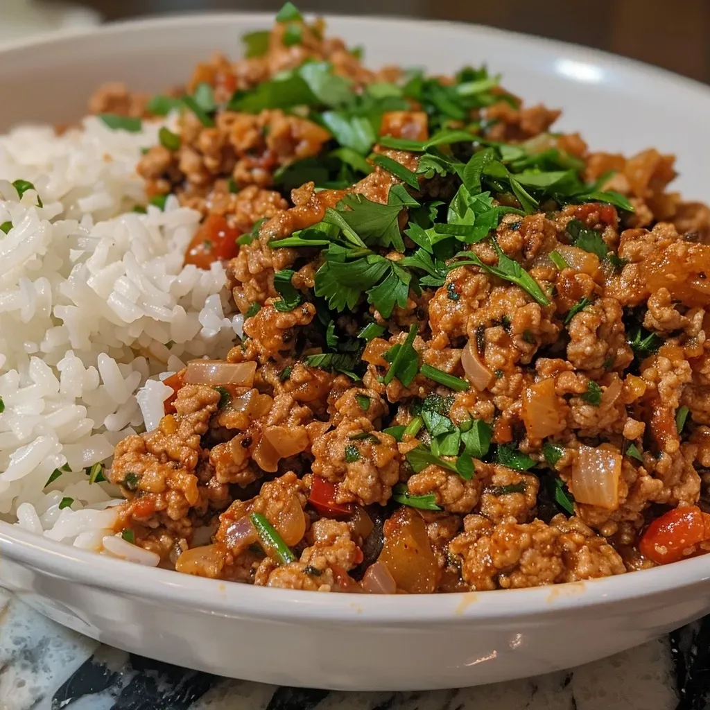 ['Close-up view of juicy ground turkey served over garlic butter rice, garnished with fresh parsley.', 'Side view of a plate featuring ground turkey with garlic butter rice, highlighted with diced onions and herbs.', 'Tantalizing ground turkey and garlic butter rice dish, showcasing a mix of textures and colors.', 'Appetizing ground turkey mixed with garlic rice, captured in a close-up with vibrant ingredients.']