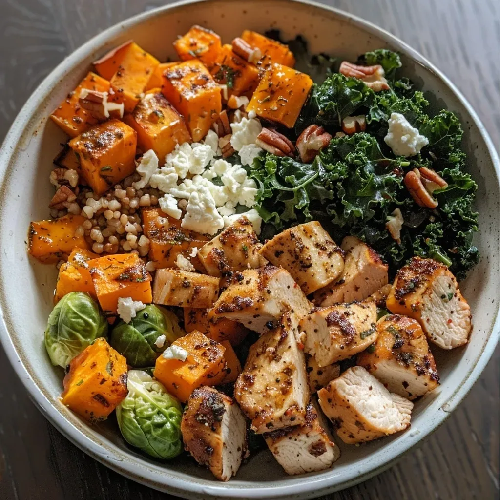 ['Close-up view of a colorful Harvest Bowl featuring grilled chicken, butternut squash, and vibrant greens.', 'Side view of a Harvest Bowl filled with brown rice, kale, cranberries, almonds, and Parmesan cheese.', 'A detailed shot of a Harvest Bowl showcasing sliced chicken breast, roasted butternut squash, and fresh kale.', 'Vibrant Harvest Bowl with layered ingredients including chicken, butternut squash, and a sprinkle of nuts.']