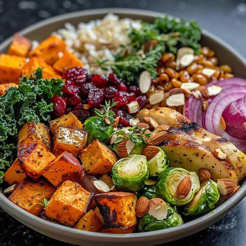 ['A close-up side view of vibrant Harvest Bowls filled with colorful ingredients.', 'Juicy Harvest Bowls showcasing roasted Brussels sprouts, sweet potatoes, and grilled chicken.', 'A detailed view of a Harvest Bowl, featuring kale, cranberries, and shaved Parmesan.', 'A delicious Harvest Bowl with a variety of fresh vegetables and grains, captured with an iPhone.']