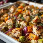 ['Close-up side view of a Harvest Chicken Casserole filled with colorful ingredients.', 'Juicy Harvest Chicken Casserole featuring chicken, sweet potatoes, Brussels sprouts, and cheese.', 'Detailed view of a hearty Harvest Chicken Casserole showcasing chicken pieces and vibrant vegetables.', 'Side perspective of a deliciously baked Harvest Chicken Casserole topped with green onions and pumpkin seeds.']