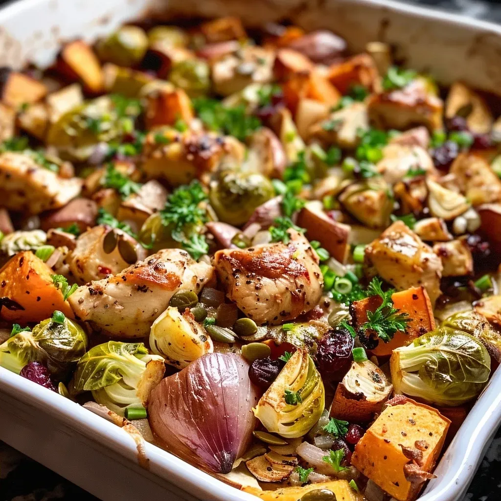['Close-up side view of a Harvest Chicken Casserole filled with colorful ingredients.', 'Juicy Harvest Chicken Casserole featuring chicken, sweet potatoes, Brussels sprouts, and cheese.', 'Detailed view of a hearty Harvest Chicken Casserole showcasing chicken pieces and vibrant vegetables.', 'Side perspective of a deliciously baked Harvest Chicken Casserole topped with green onions and pumpkin seeds.']