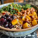 ['Close-up view of a warm harvest grain bowl featuring chicken, squash, and honey mustard.', 'A colorful harvest grain bowl with juicy chicken, roasted squash, and a drizzle of honey mustard.', 'Side view of a nutritious grain bowl filled with chicken, vibrant squash, and a honey mustard dressing.', 'Delicious harvest grain bowl showcasing tender chicken, squash, and a sweet honey mustard sauce.']