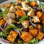 ['Close-up view of a vibrant Harvest Salad featuring roasted chicken and sweet potatoes.', 'Colorful salad with chunks of sweet potato, roasted chicken, and mixed greens.', 'Side angle of a hearty Harvest Salad filled with chicken, sweet potatoes, and garnishes.', 'A delicious Harvest Salad showcasing greens, roasted sweet potatoes, and chicken pieces.']