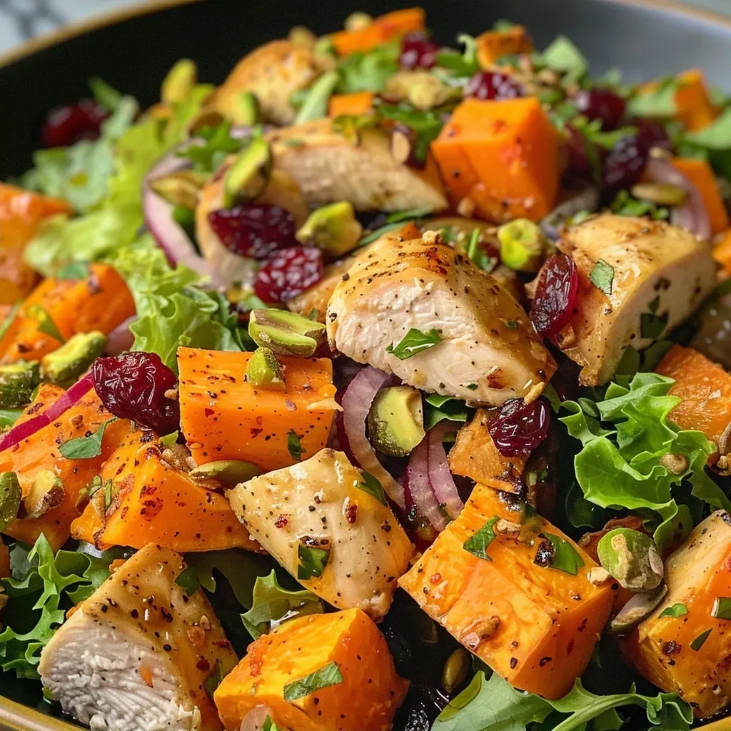 ['Close-up view of a vibrant Harvest Salad featuring roasted chicken and sweet potatoes.', 'Colorful salad with chunks of sweet potato, roasted chicken, and mixed greens.', 'Side angle of a hearty Harvest Salad filled with chicken, sweet potatoes, and garnishes.', 'A delicious Harvest Salad showcasing greens, roasted sweet potatoes, and chicken pieces.']