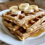 ['Close-up of healthy banana oat waffles with a golden brown texture.', 'Side view of fluffy banana oat waffles, topped with fresh fruit.', 'Appetizing stack of banana oat waffles, showcasing their wholesome ingredients.', 'Juicy banana oat waffles displayed on a plate, highlighting their rustic look.']