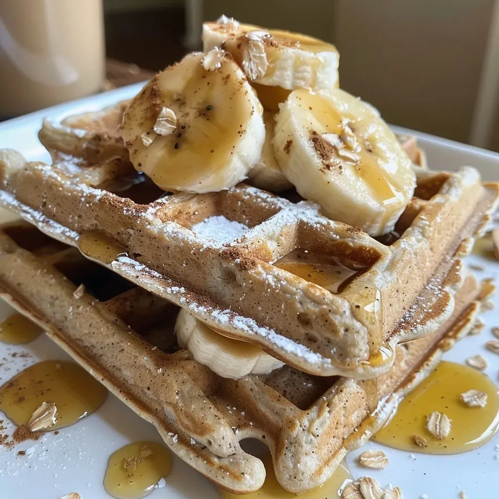 ['Close-up of healthy banana oat waffles with a golden brown texture.', 'Side view of fluffy banana oat waffles, topped with fresh fruit.', 'Appetizing stack of banana oat waffles, showcasing their wholesome ingredients.', 'Juicy banana oat waffles displayed on a plate, highlighting their rustic look.']