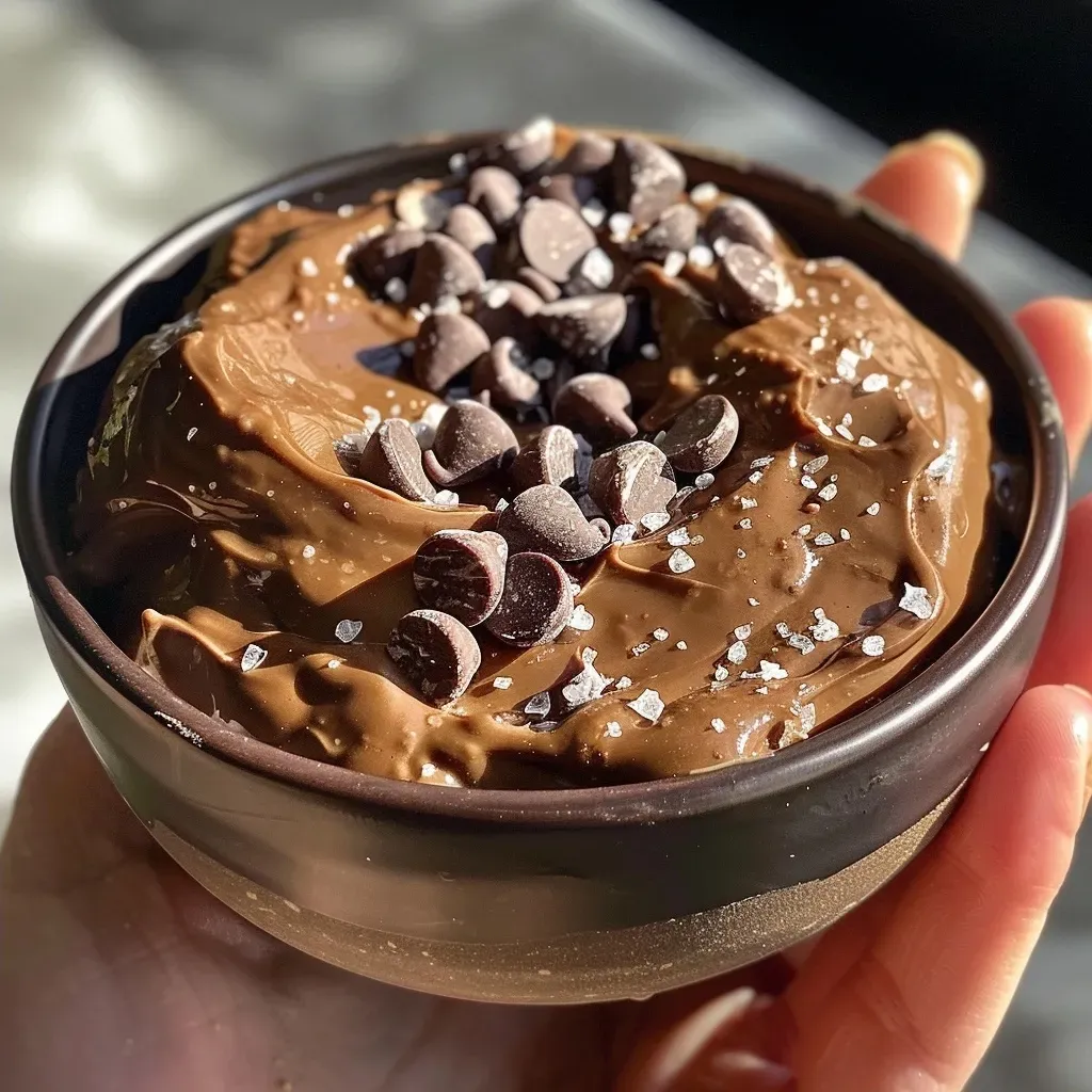 ['Close-up view of a creamy brown dip made from healthy ingredients in a bowl, garnished with chocolate chips.', 'Side view of a thick brownie batter dip in a white bowl, with chocolate chips scattered on top.', 'A delicious-looking vegan brownie batter dip displayed in a bowl with a smooth texture and chocolate sprinkles.', 'Close-up of a healthy brownie batter dip in a bowl, emphasizing its rich brown color and creamy consistency.']