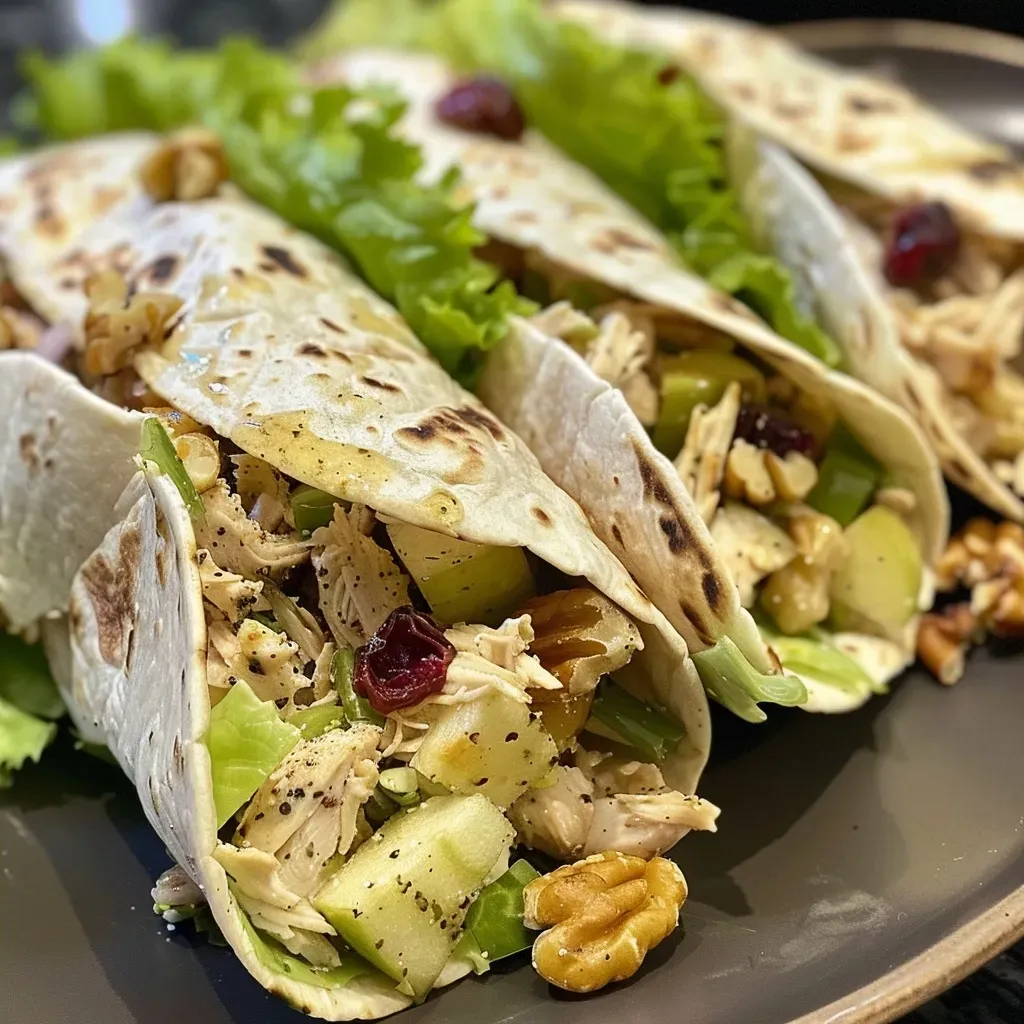 ['Close-up view of Healthy Chicken Apple Salad Wraps filled with diced apples, chicken, and greens.', 'Side view of a tortilla wrap showcasing a colorful chicken apple salad filling.', 'Juicy Healthy Chicken Apple Salad Wraps with visible ingredients like chicken, apples, and walnuts.', 'Fresh and vibrant Healthy Chicken Apple Salad Wraps, highlighting the textures and colors of the ingredients.']