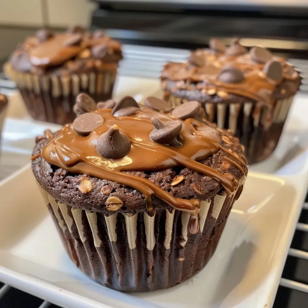 ['Close-up view of Healthy Chocolate Peanut Butter Banana Muffins with a moist texture.', 'Side view of freshly baked chocolate peanut butter banana muffins, showcasing their rich color.', 'Juicy and fluffy chocolate peanut butter banana muffins displayed on a surface.', 'Delicious muffins made with bananas, chocolate, and peanut butter, highlighting their inviting appearance.']