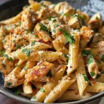 ['Close-up of Healthy Garlic Parmesan Chicken Pasta with chicken and spinach.', 'Side view of Healthy Garlic Parmesan Chicken Pasta featuring whole wheat noodles and herbs.', 'Tasty bowl of Garlic Parmesan Chicken Pasta garnished with parsley and spinach.', 'Juicy Healthy Garlic Parmesan Chicken Pasta with a creamy sauce and chicken chunks.']