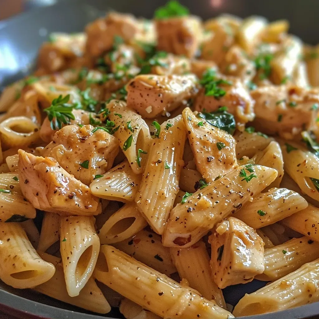 ['Close-up of Healthy Garlic Parmesan Chicken Pasta with chicken and spinach.', 'Side view of Healthy Garlic Parmesan Chicken Pasta featuring whole wheat noodles and herbs.', 'Tasty bowl of Garlic Parmesan Chicken Pasta garnished with parsley and spinach.', 'Juicy Healthy Garlic Parmesan Chicken Pasta with a creamy sauce and chicken chunks.']