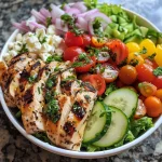 ['Juicy Greek chicken bowl with fresh vegetables and olive oil drizzle, captured in vibrant colors.', 'Close-up of a Healthy Greek Chicken Bowl featuring grilled chicken, cucumbers, tomatoes, and feta cheese.', 'Colorful Mediterranean-inspired bowl with shredded romaine, chicken, and tzatziki sauce on top.', 'Delicious Greek-style chicken bowl with a mix of fresh veggies, olives, and a sprinkle of herbs.']