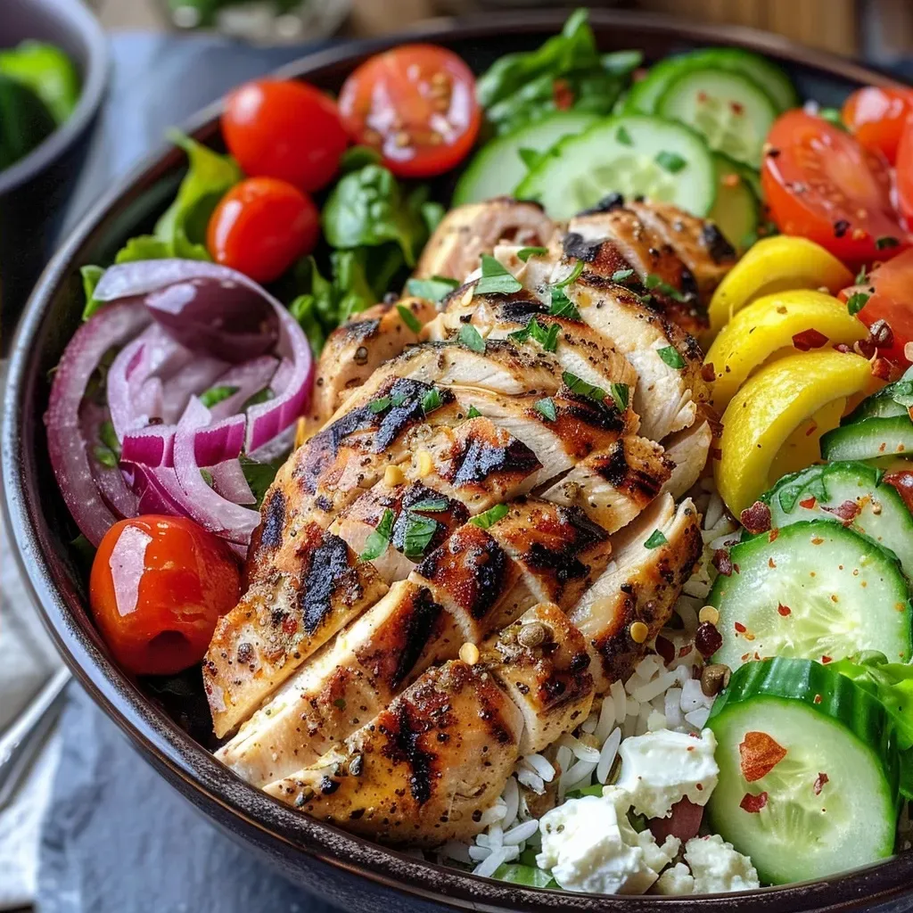['Juicy Greek chicken bowl with fresh vegetables and olive oil drizzle, captured in vibrant colors.', 'Close-up of a Healthy Greek Chicken Bowl featuring grilled chicken, cucumbers, tomatoes, and feta cheese.', 'Colorful Mediterranean-inspired bowl with shredded romaine, chicken, and tzatziki sauce on top.', 'Delicious Greek-style chicken bowl with a mix of fresh veggies, olives, and a sprinkle of herbs.']