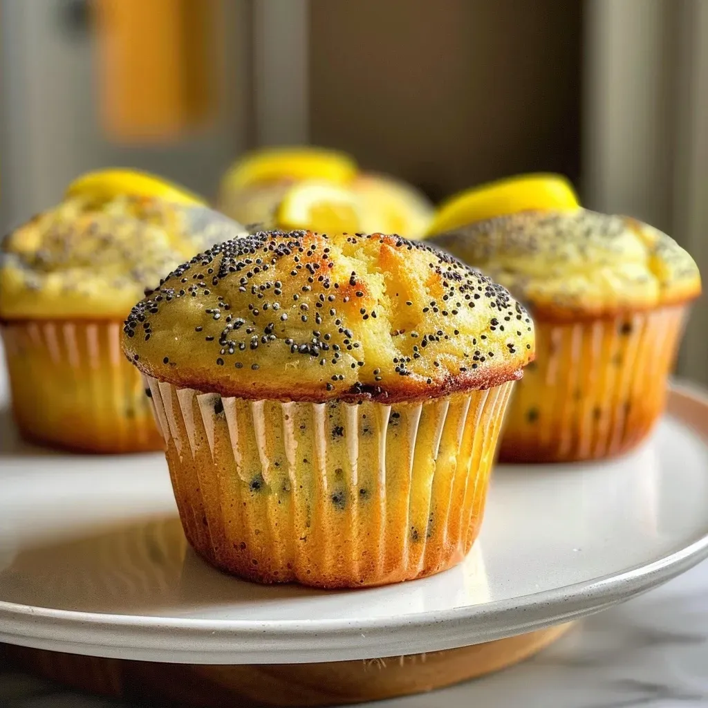 ['Close-up of healthy lemon poppyseed muffins with a fluffy texture.', 'Side view of gluten-free lemon poppyseed muffins topped with lemon zest.', 'Juicy lemon poppyseed muffins arranged on a plate with visible poppy seeds.', 'Delicious lemon muffins with a golden crust, showcasing their moist interior.']