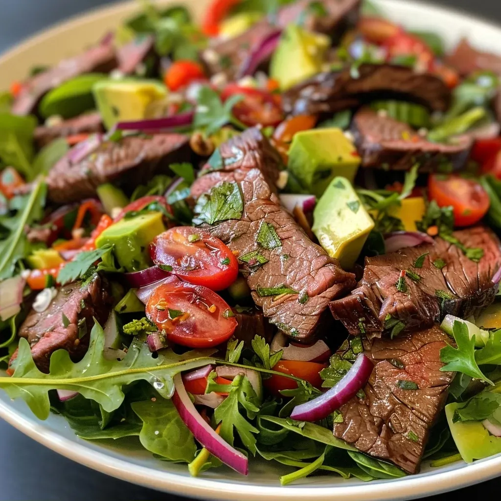 ['Close-up of a colorful low-carb beef salad featuring greens, vegetables, and cheese.', 'A vibrant healthy salad with beef, avocado, mixed greens, and various toppings.', 'Side view of a nutritious low-carb beef salad showcasing fresh ingredients and textures.', 'Juicy low-carb beef salad filled with greens, cherry tomatoes, and feta cheese.']