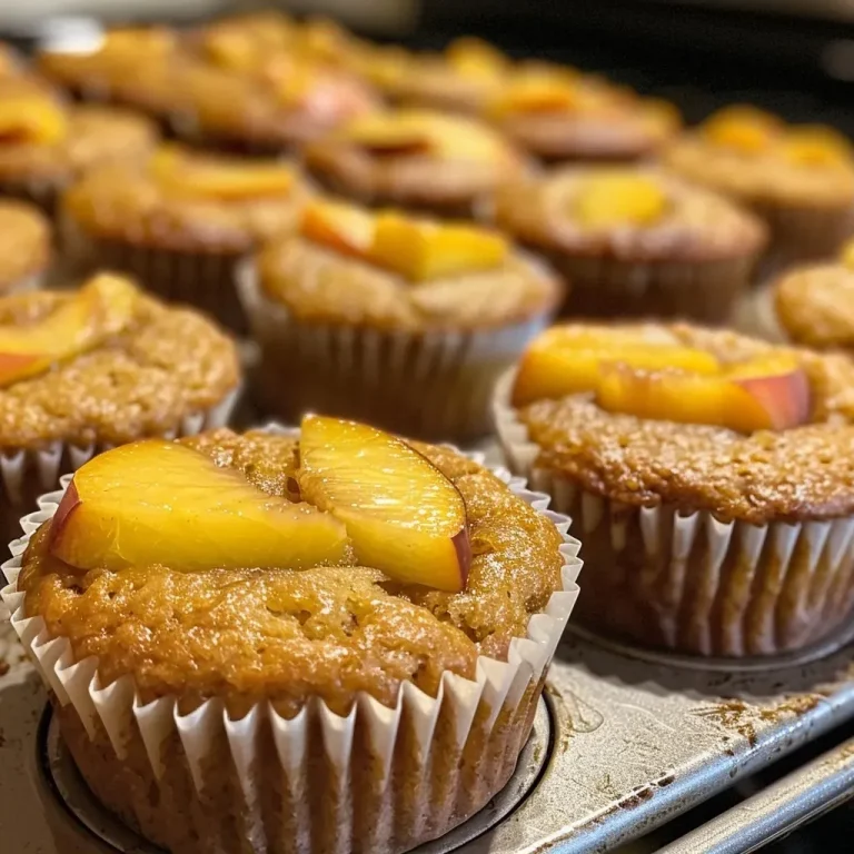 ['Close-up view of healthy peach mini muffins with a golden-brown crust and diced peach pieces.', 'Side view of fresh mini muffins showcasing a fluffy texture and peach chunks on a rustic plate.', 'Juicy peach mini muffins displayed on a wooden table, highlighting their moist interior and cinnamon dusting.', 'Delicious peach mini muffins arranged neatly, emphasizing their healthy ingredients and inviting appearance.']