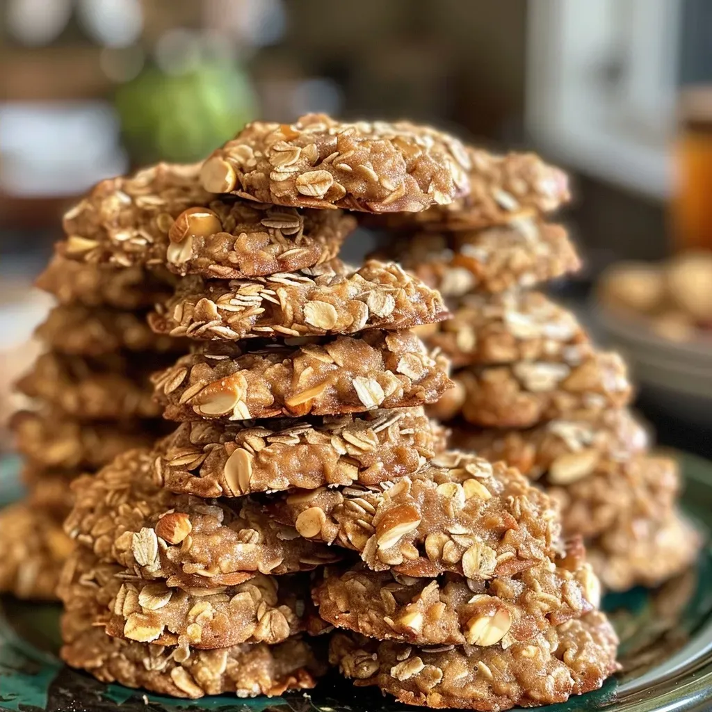 ['A close-up view of healthy peanut butter oatmeal cookies with a golden-brown exterior.', 'Side view of perfectly baked peanut butter oatmeal cookies, showing a chewy texture.', 'Juicy and delicious healthy oatmeal cookies with visible peanut pieces and a warm color.', 'A cluster of healthy peanut butter oatmeal cookies, highlighting their rustic appearance.']