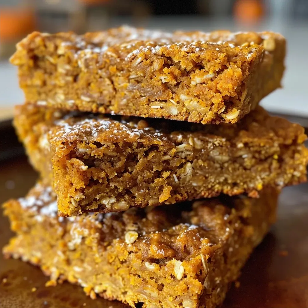 ['Close-up of a slice of Healthy Pumpkin Oatmeal Bar on a wooden table.', 'Side view showing a juicy Healthy Pumpkin Oatmeal Bar with a golden crust.', 'Delicious Healthy Pumpkin Oatmeal Bar highlighting its texture and ingredients.', 'A fresh slice of Healthy Pumpkin Oatmeal Bar with visible pumpkin and oats.']