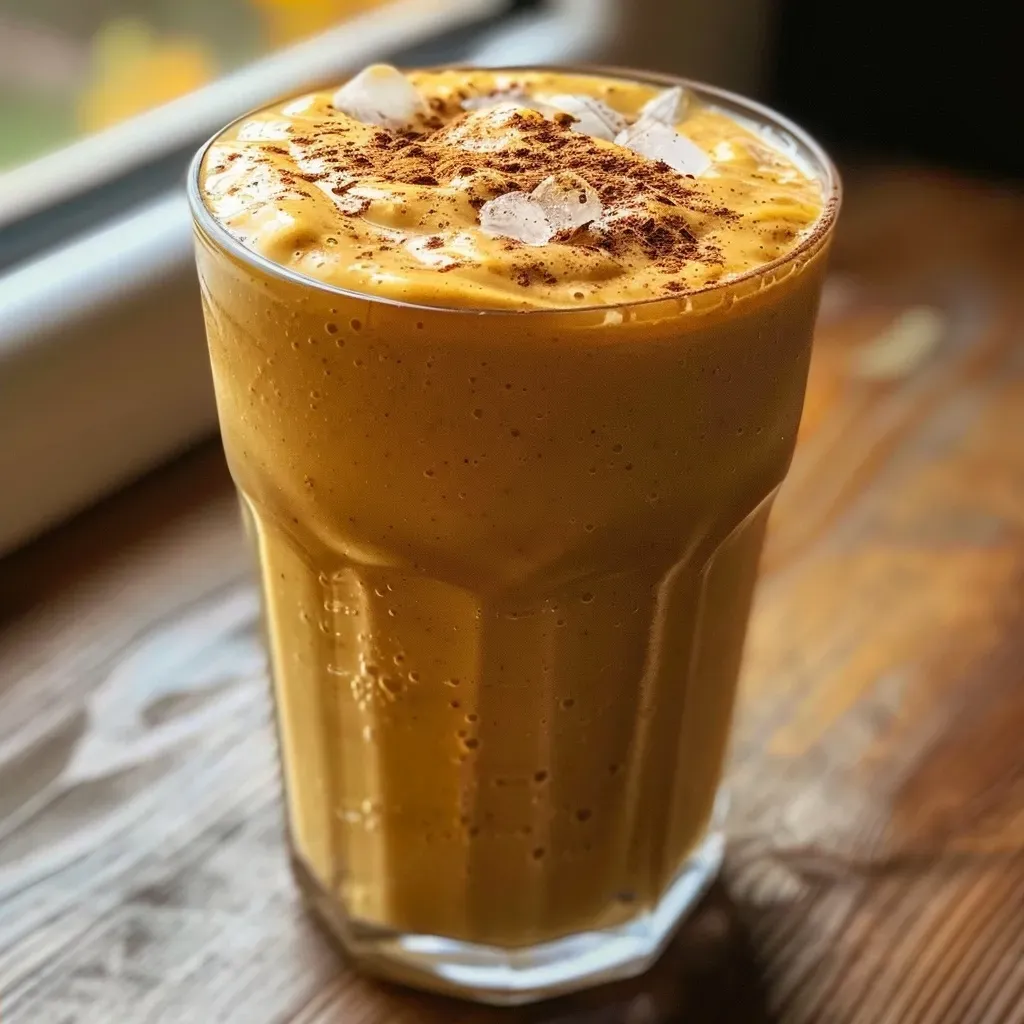 ['A creamy pumpkin pie smoothie in a glass, garnished with a sprinkle of cinnamon.', 'Side view of a healthy pumpkin pie smoothie topped with cinnamon and set against a neutral background.', 'Close-up of a delicious pumpkin pie smoothie, showcasing its creamy texture and vibrant color.', 'A refreshing smoothie in a glass, featuring pumpkin puree and a hint of cinnamon, ready to be enjoyed.']