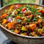 ['Close-up view of a hearty roasted veggie lentil salad with colorful vegetables and feta cheese.', 'Side view of a vibrant lentil salad featuring roasted vegetables and garnished with parsley.', 'Juicy lentil salad with a medley of roasted bell peppers, zucchini, and sweet potatoes in a bowl.', 'Detailed shot of a nutritious lentil salad showcasing its fresh ingredients and textures.']