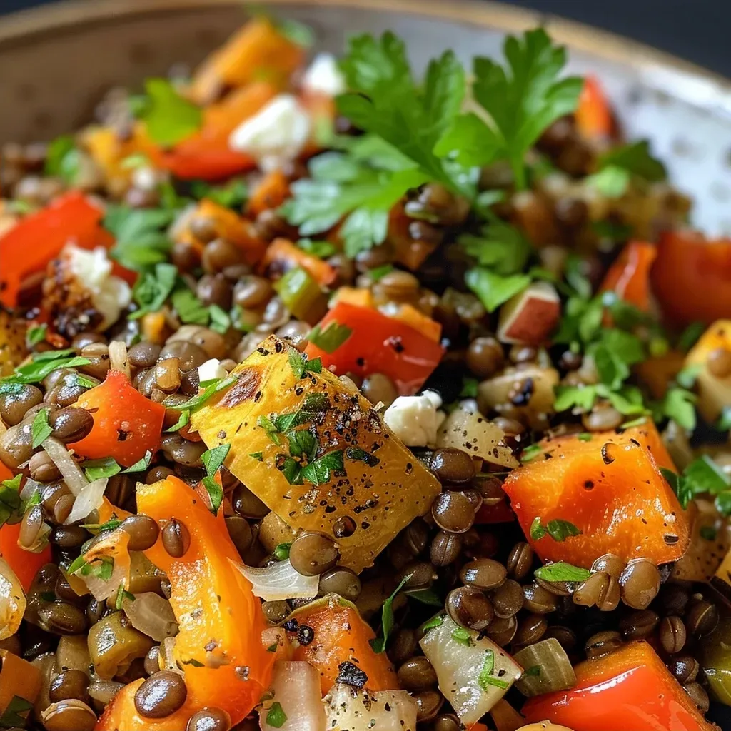 ['Close-up view of a hearty roasted veggie lentil salad with colorful vegetables and feta cheese.', 'Side view of a vibrant lentil salad featuring roasted vegetables and garnished with parsley.', 'Juicy lentil salad with a medley of roasted bell peppers, zucchini, and sweet potatoes in a bowl.', 'Detailed shot of a nutritious lentil salad showcasing its fresh ingredients and textures.']