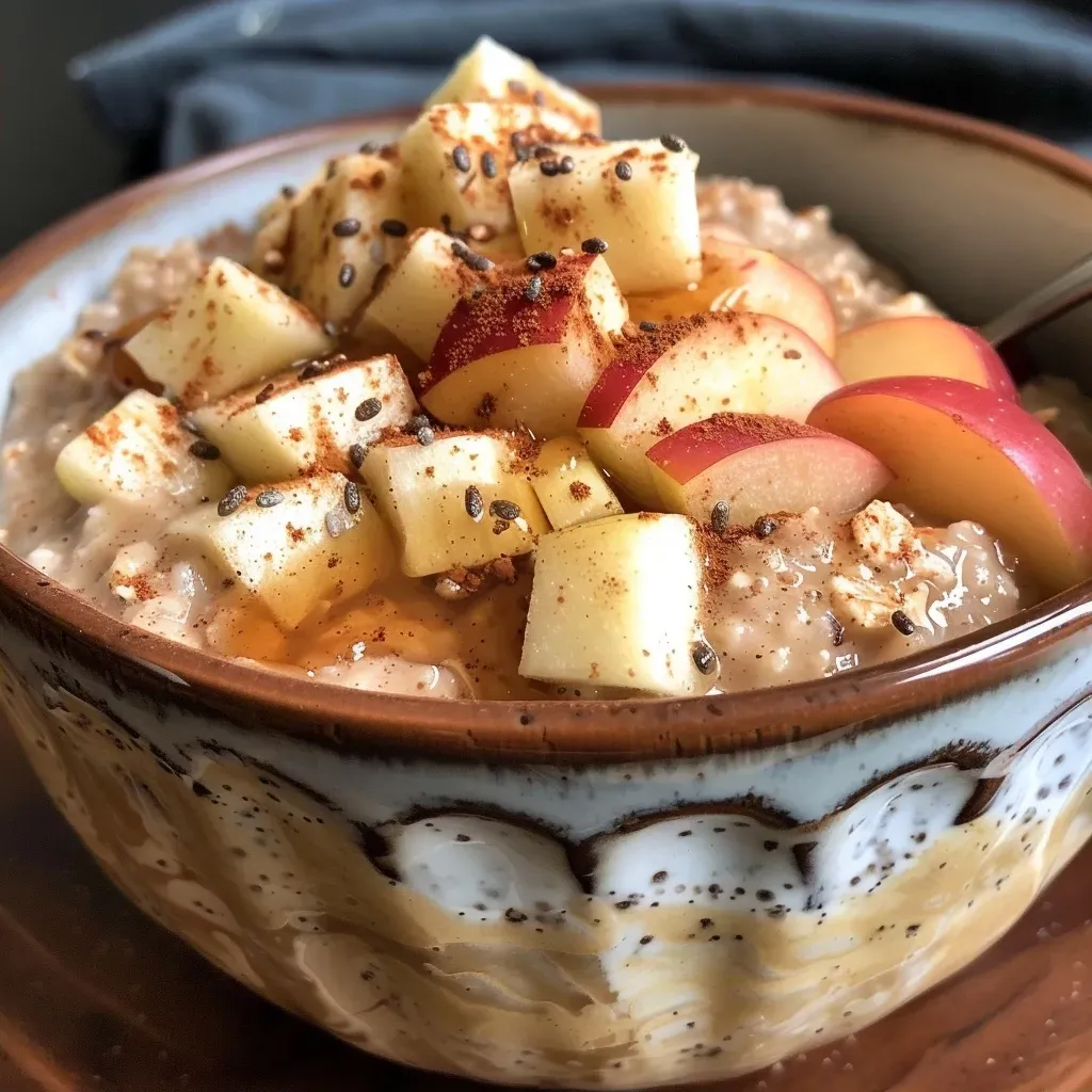 ['Close-up view of creamy apple cinnamon overnight oats in a jar with sliced apples on top.', 'Side view of high protein apple cinnamon overnight oats, featuring oats and apple chunks.', 'Jar of overnight oats filled with apples, cinnamon, and chia seeds, ready to eat.', 'Tasty apple cinnamon overnight oats topped with cinnamon and fresh apple slices.']