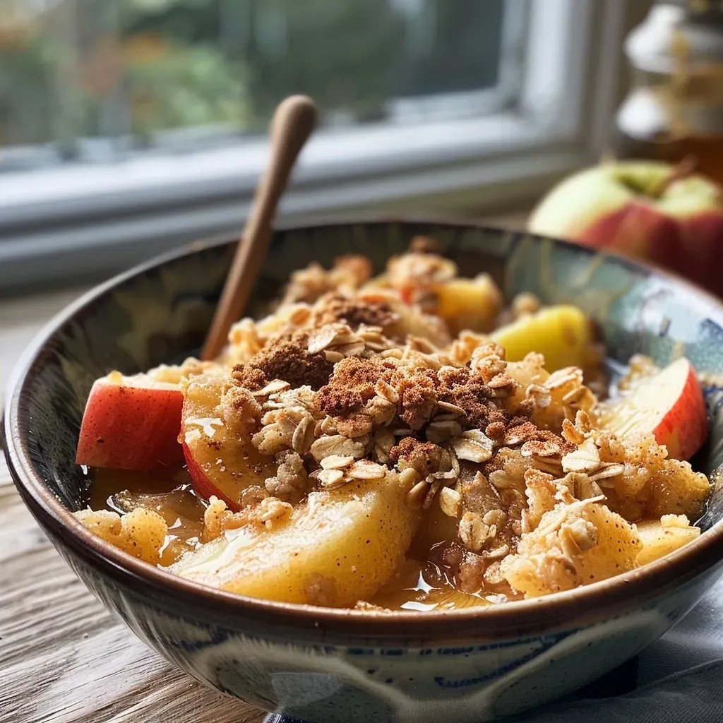 ['Close-up view of a warm, golden-brown apple crumble topped with oats and melted butter.', 'Side angle shot of high-protein apple crumble with apples, oats, and a sprinkle of cinnamon.', 'Juicy apple crumble in a bowl, showcasing a crunchy oat topping and apple chunks.', 'High-protein apple crumble displaying caramelized apples and a crispy oat layer.']