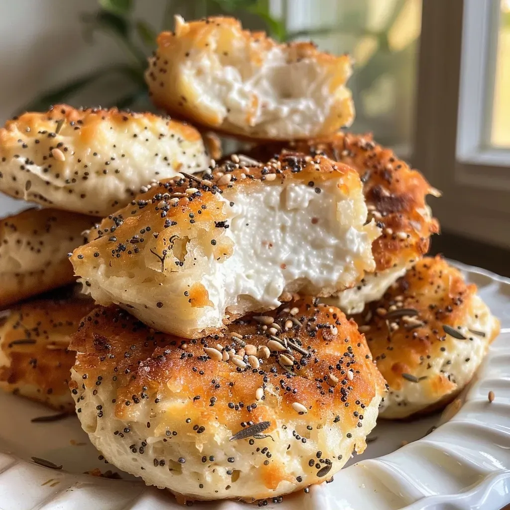 ['Close-up of golden-brown High-Protein Bagel Bites with a garnishing of Everything But The Bagel seasoning.', 'Side view of several High-Protein Bagel Bites, showcasing their fluffy texture and delicious toppings.', 'Juicy, baked High-Protein Bagel Bites arranged on a plate, featuring cream cheese and garnished with seasoning.', 'High-Protein Bagel Bites displayed on a wooden board, highlighting their appetizing golden crust and creamy filling.']