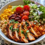 ['Close-up view of a vibrant BBQ Ranch Chicken Bowl featuring sliced chicken, brown rice, and fresh vegetables.', 'Juicy BBQ Ranch Chicken Bowl showcasing colorful ingredients like lettuce, cherry tomatoes, and corn.', 'High Protein BBQ Ranch Chicken Bowl filled with grilled chicken, quinoa, and drizzled with ranch dressing.', 'Side view of a delicious chicken bowl topped with BBQ sauce, cheese, and garnished with cilantro.']