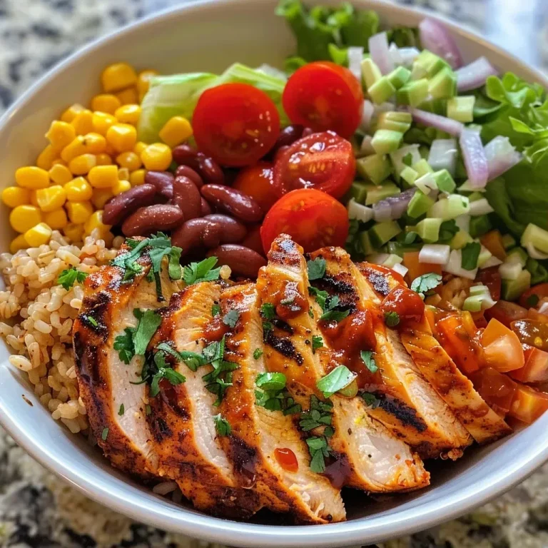 ['Close-up view of a vibrant BBQ Ranch Chicken Bowl featuring sliced chicken, brown rice, and fresh vegetables.', 'Juicy BBQ Ranch Chicken Bowl showcasing colorful ingredients like lettuce, cherry tomatoes, and corn.', 'High Protein BBQ Ranch Chicken Bowl filled with grilled chicken, quinoa, and drizzled with ranch dressing.', 'Side view of a delicious chicken bowl topped with BBQ sauce, cheese, and garnished with cilantro.']