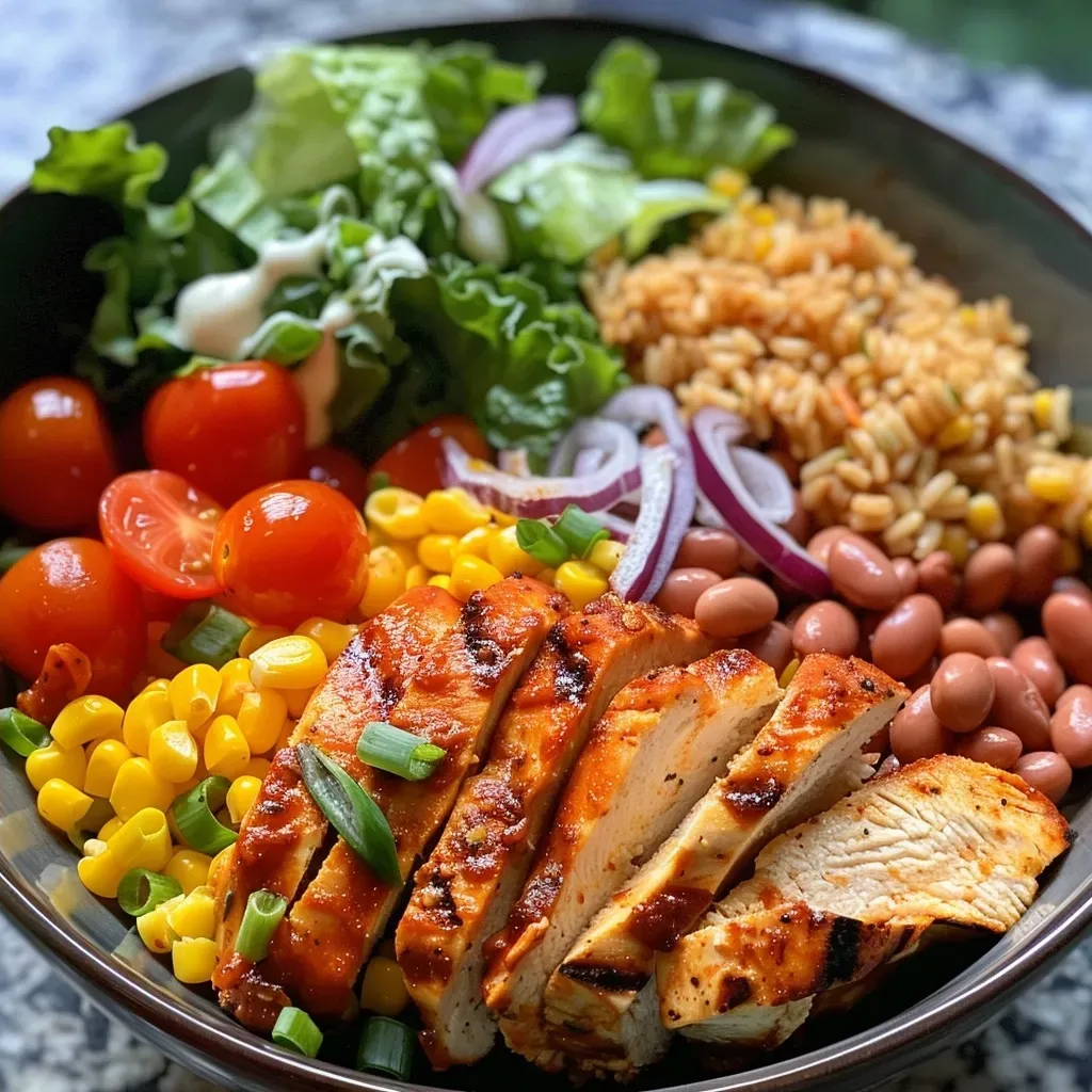 ['Close-up view of a vibrant BBQ Ranch Chicken Bowl featuring sliced chicken, brown rice, and fresh vegetables.', 'Juicy BBQ Ranch Chicken Bowl showcasing colorful ingredients like lettuce, cherry tomatoes, and corn.', 'High Protein BBQ Ranch Chicken Bowl filled with grilled chicken, quinoa, and drizzled with ranch dressing.', 'Side view of a delicious chicken bowl topped with BBQ sauce, cheese, and garnished with cilantro.']